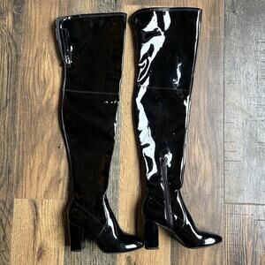 Kenneth Cole Black Patent Over The Knee Boots Women's 6M Thigh High Block Heel